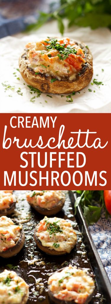 These Creamy Bruschetta Stuffed Mushrooms are the perfect easy appetizer packed with fresh tomatoes and herbs, and 3 delicious cheeses! Recipe by thebusybaker.ca!