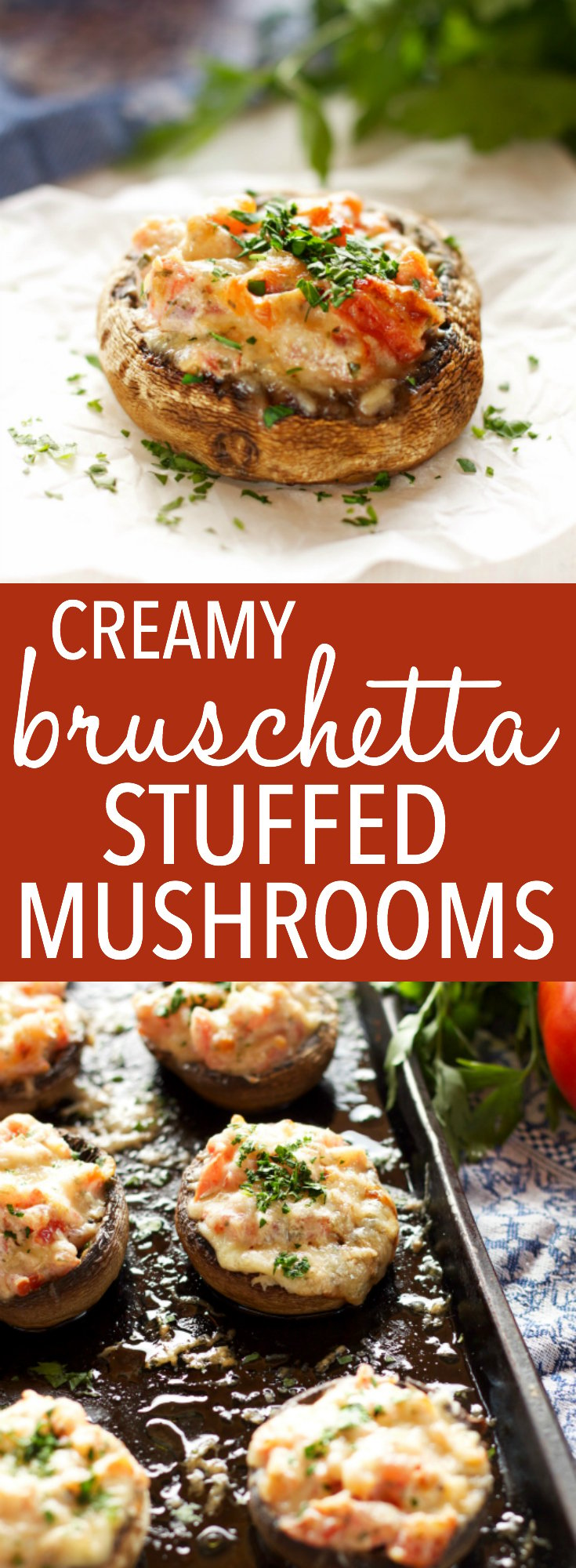 These Creamy Bruschetta Stuffed Mushrooms are the perfect easy appetizer packed with fresh tomatoes and herbs, and 3 delicious cheeses! Recipe by thebusybaker.ca! via @busybakerblog