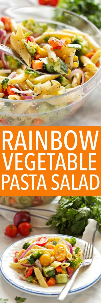 This Rainbow Vegetable Pasta Salad is packed with over 7 fresh vegetables, delicious pasta, and topped with an easy Creamy Italian Herb Dressing! Recipe from thebusybaker.ca