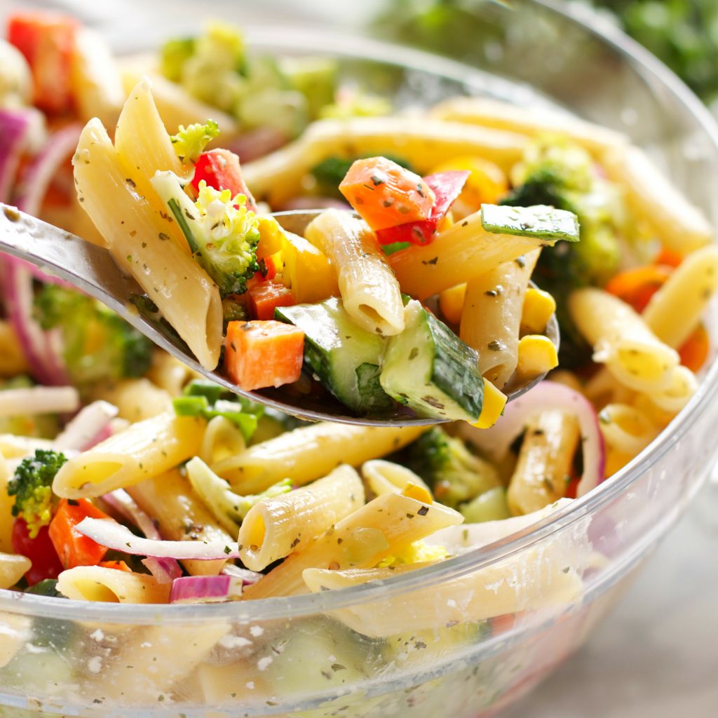 Rainbow Vegetable Pasta Salad with Creamy Italian Herb Dressing The