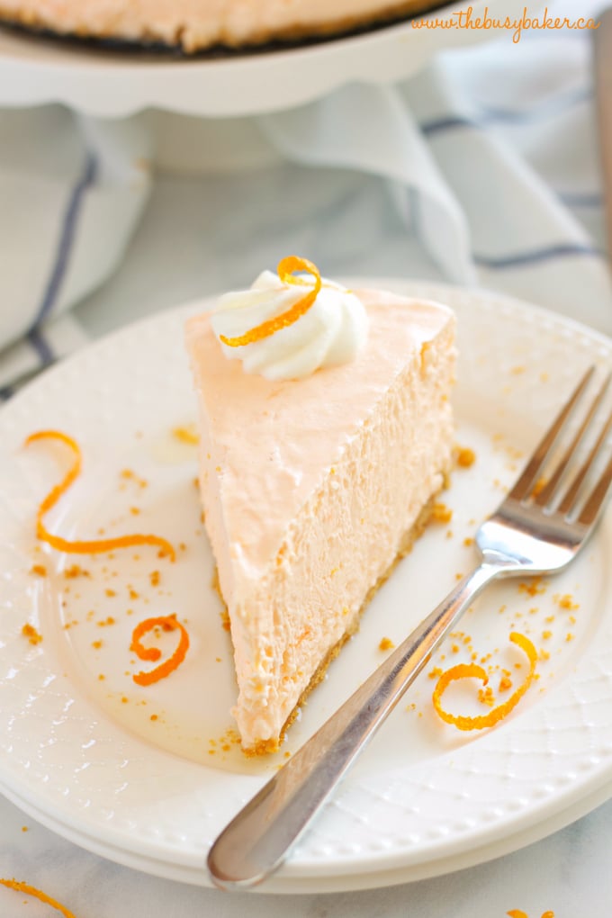 cheesecake slice on a white plate with  garnish on top and beside it