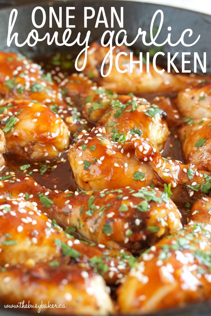 This One Pan Honey Garlic Chicken is an easy weeknight meal idea with a simple 5-ingredient sticky sauce, made all in one pan in less than 30 minutes! Recipe from thebusybaker.ca!
