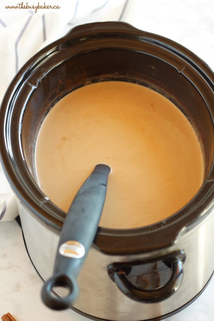 This Slow Cooker Pumpkin Spice Latte is the perfect warm fall drink with everybody's favorite pumpkin spice flavors - it's easy to make in the Crock Pot or slow cooker, and it's great for parties! Recipe from thebusybaker.ca!