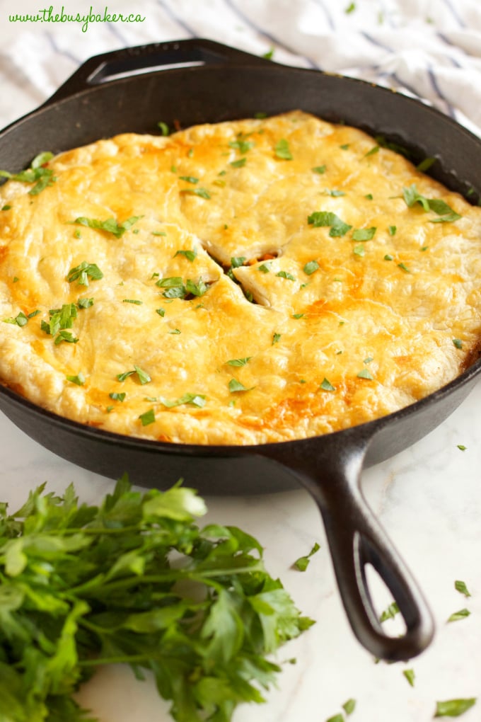 This Easy Skillet Chicken Pot Pie is the perfect comfort food for a weeknight family meal made from simple ingredients in just over 30 minutes! Recipe from thebusybaker.ca #comfortfood #easychickenrecipe