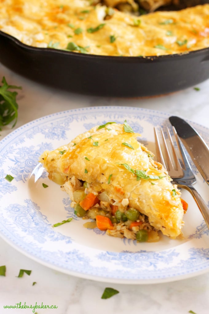 This Easy Skillet Chicken Pot Pie is the perfect comfort food for a weeknight family meal made from simple ingredients in just over 30 minutes! Recipe from thebusybaker.ca #comfortfood #easychickenrecipe