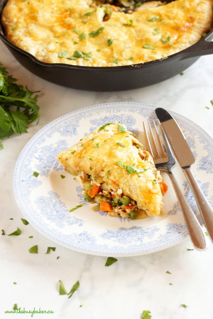 This Easy Skillet Chicken Pot Pie is the perfect comfort food for a weeknight family meal made from simple ingredients in just over 30 minutes! Recipe from thebusybaker.ca #comfortfood #easychickenrecipe