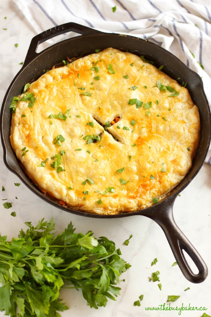 This Easy Skillet Chicken Pot Pie is the perfect comfort food for a weeknight family meal made from simple ingredients in just over 30 minutes! Recipe from thebusybaker.ca #comfortfood #easychickenrecipe