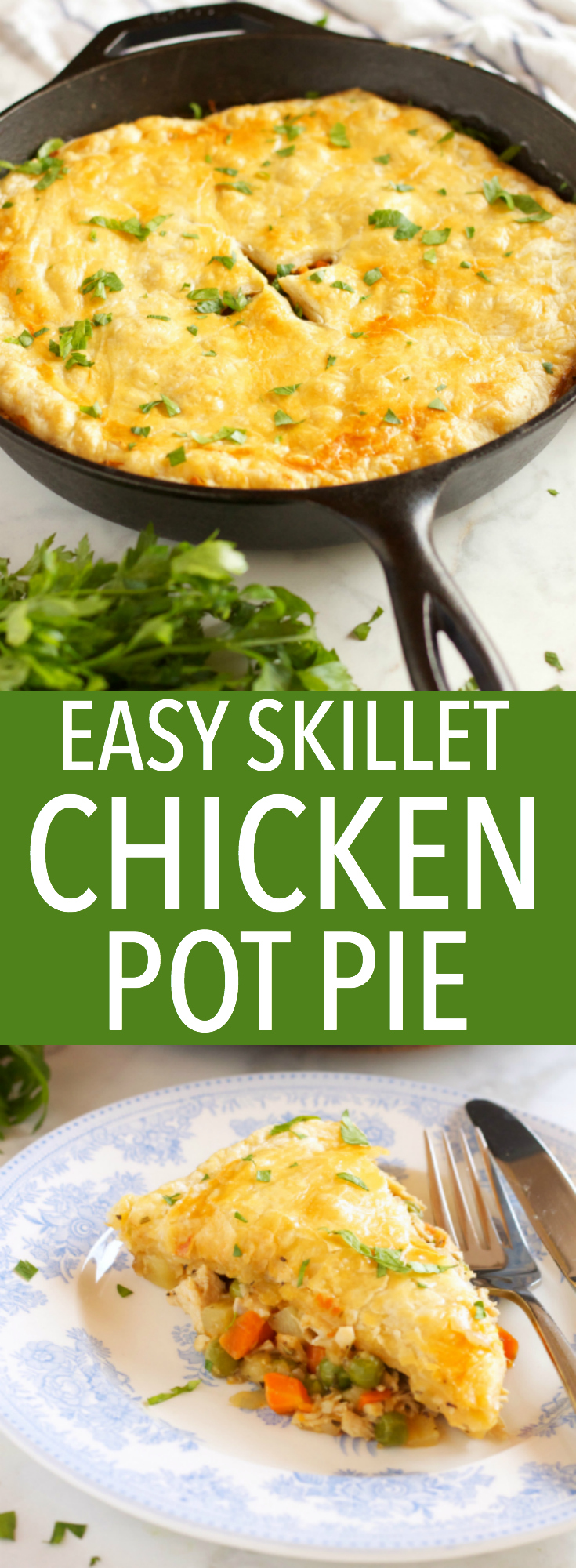 This Easy Skillet Chicken Pot Pie is the perfect comfort food for a weeknight family meal made from simple ingredients in just over 30 minutes! Recipe from thebusybaker.ca #comfortfood #easychickenrecipe via @busybakerblog