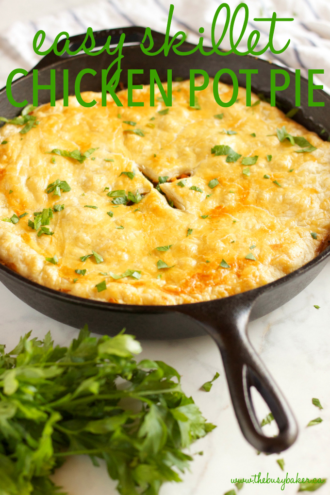 This Easy Skillet Chicken Pot Pie is the perfect comfort food for a weeknight family meal made from simple ingredients in just over 30 minutes! Recipe from thebusybaker.ca #comfortfood #easychickenrecipe