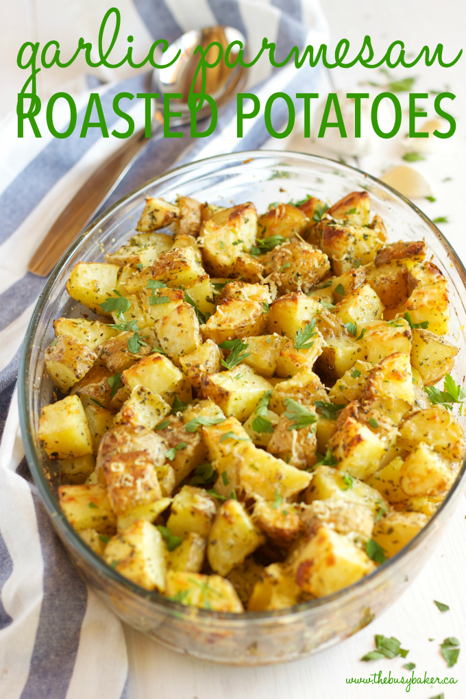 These Garlic Parmesan Oven Roasted Potatoes are an easy to make side dish made with only a few simple ingredients, perfect for the holidays or any time of year!! Recipe from thebusybaker.ca #holidaysidedish #holidayrecipe #thanksgiving #christmas
