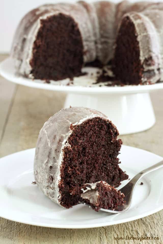 Glazed Chocolate Donut Bundt Cake www.thebusybaker.ca