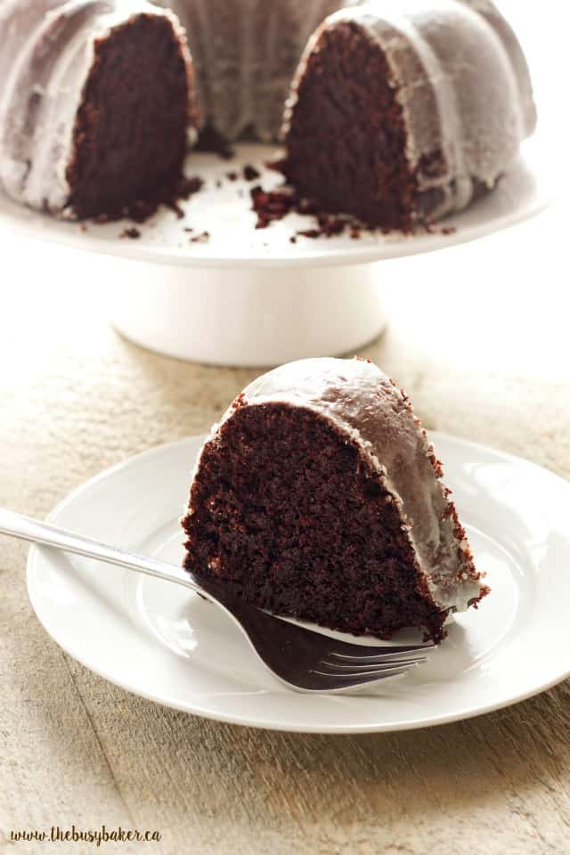 Glazed Chocolate Donut Bundt Cake www.thebusybaker.ca