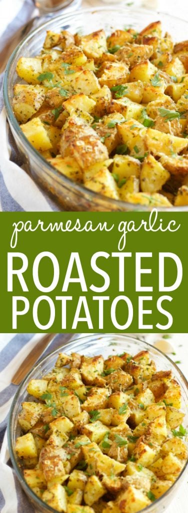 These Garlic Parmesan Oven Roasted Potatoes are an easy to make side dish made with only a few simple ingredients, perfect for the holidays or any time of year!! Recipe from thebusybaker.ca #holidaysidedish #holidayrecipe #thanksgiving #christmas