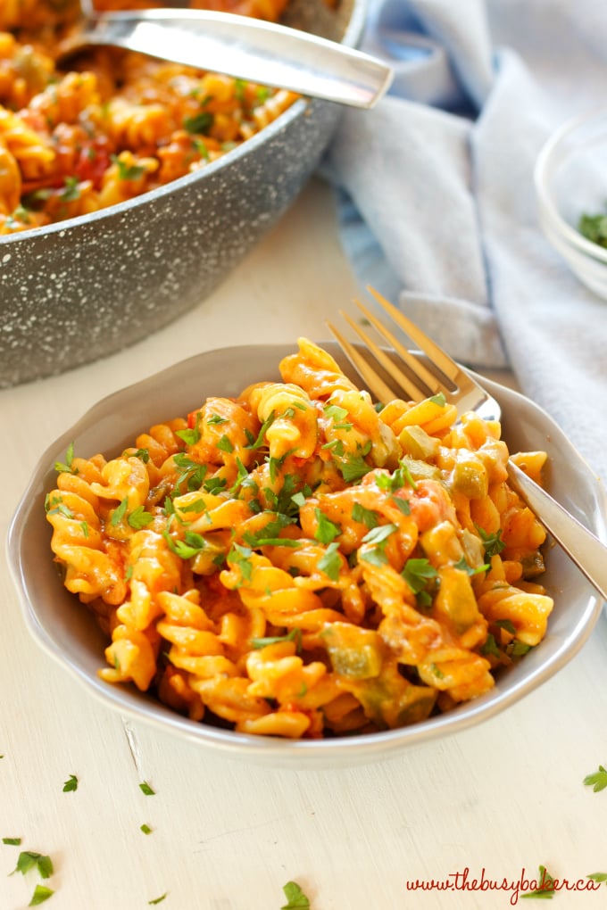 This Creamy One-Pot Chicken Enchilada Pasta is the perfect easy weeknight family meal made with simple ingredients in 30 minutes or less! Recipe from thebusybaker.ca! #easyfamilymeal #familymeal #weeknightmeal #onepotpasta #enchiladapasta