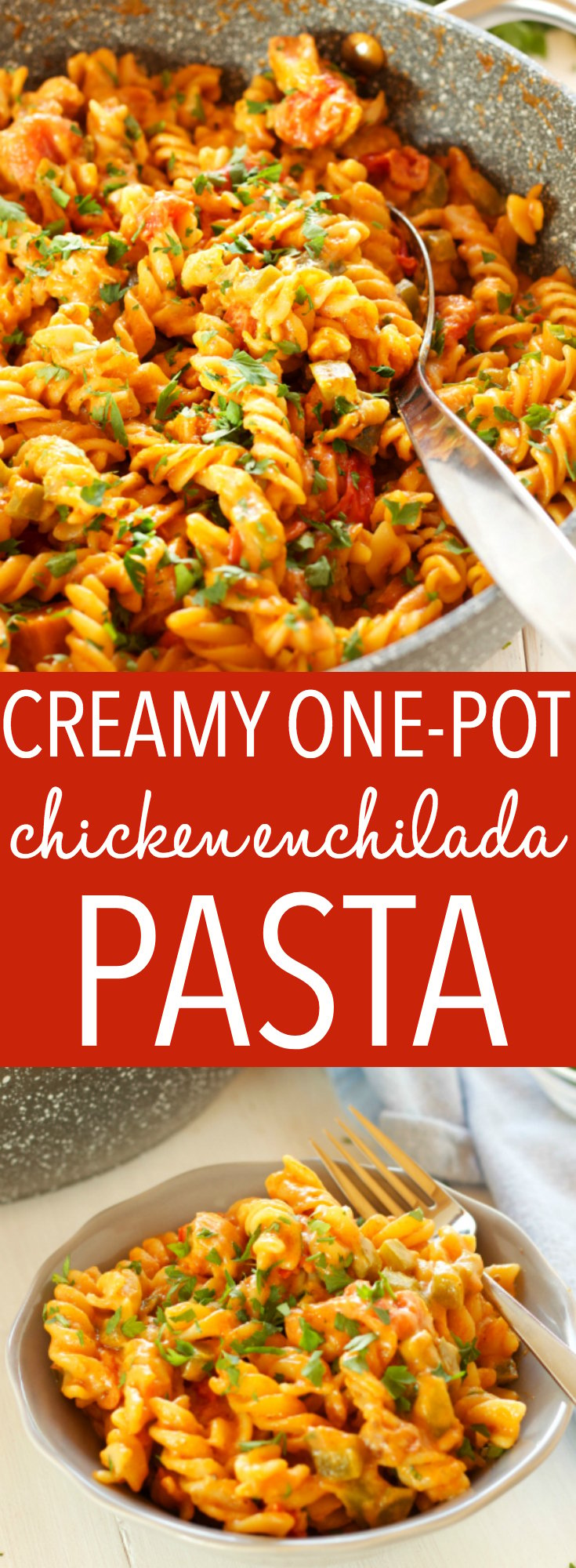 This Creamy One-Pot Chicken Enchilada Pasta is the perfect easy weeknight family meal made with simple ingredients in 30 minutes or less! Recipe from thebusybaker.ca! #easyfamilymeal #familymeal #weeknightmeal #onepotpasta #enchiladapasta via @busybakerblog