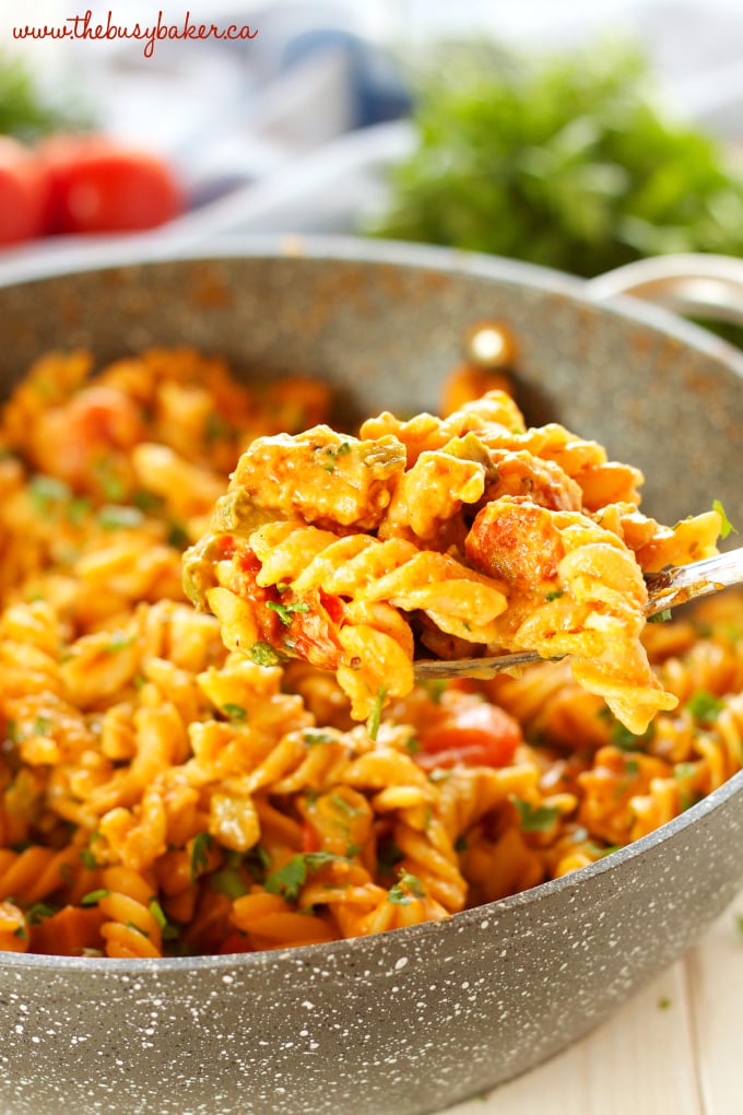 This Creamy One-Pot Chicken Enchilada Pasta is the perfect easy weeknight family meal made with simple ingredients in 30 minutes or less! Recipe from thebusybaker.ca! #easyfamilymeal #familymeal #weeknightmeal #onepotpasta #enchiladapasta