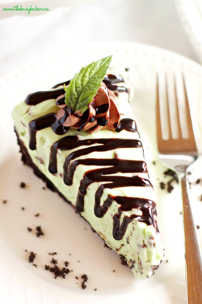 This Easy No Bake Mint Chocolate Chip Cheesecake is ultra creamy, flavored with mint and chocolate, and so easy to make with only a few ingredients! It's gelatin-free and is a mint chocolate lover's dream dessert! #mintchocolate #nobakecheesecake #easynobakedessert