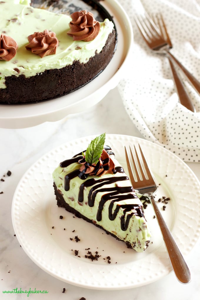 This Easy No Bake Mint Chocolate Chip Cheesecake is ultra creamy, flavored with mint and chocolate, and so easy to make with only a few ingredients! It's gelatin-free and is a mint chocolate lover's dream dessert! #mintchocolate #nobakecheesecake #easynobakedessert