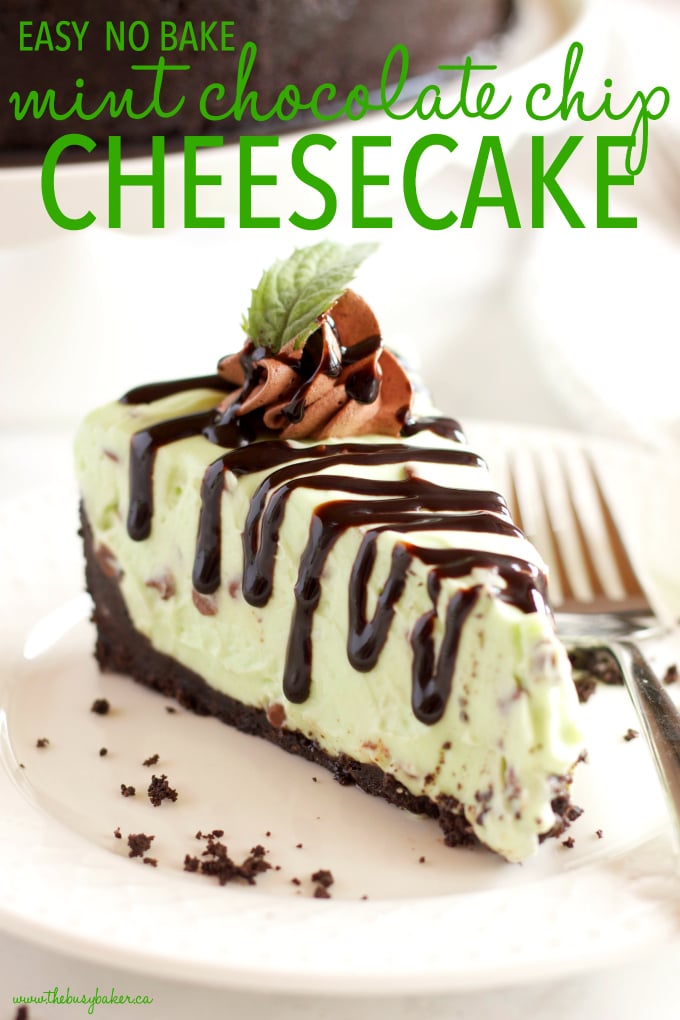 This Easy No Bake Mint Chocolate Chip Cheesecake is ultra creamy, flavored with mint and chocolate, and so easy to make with only a few ingredients! It's gelatin-free and is a mint chocolate lover's dream dessert! #mintchocolate #nobakecheesecake #easynobakedessert