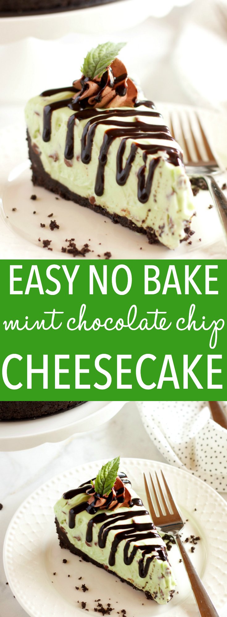 This Easy No Bake Mint Chocolate Chip Cheesecake is ultra creamy, flavored with mint and chocolate, and so easy to make with only a few ingredients! Recipe from thebusybaker.ca! #holidaydessert #easydessert #nobakecheesecakerecipe via @busybakerblog