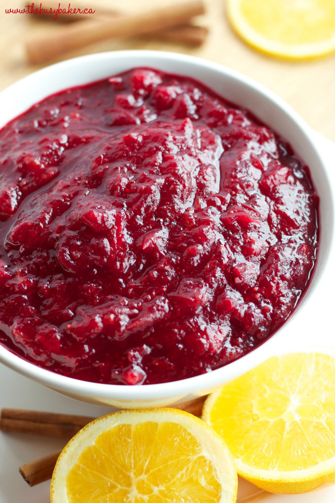 This Cider Spice Cranberry Sauce is an easy to make homemade cranberry sauce recipe with the flavors of mulled cider. Perfect for Christmas dinner! Recipe from thebusybaker.ca! #cranberrysauce #homemadecranberrysauce #easycranberrysauce