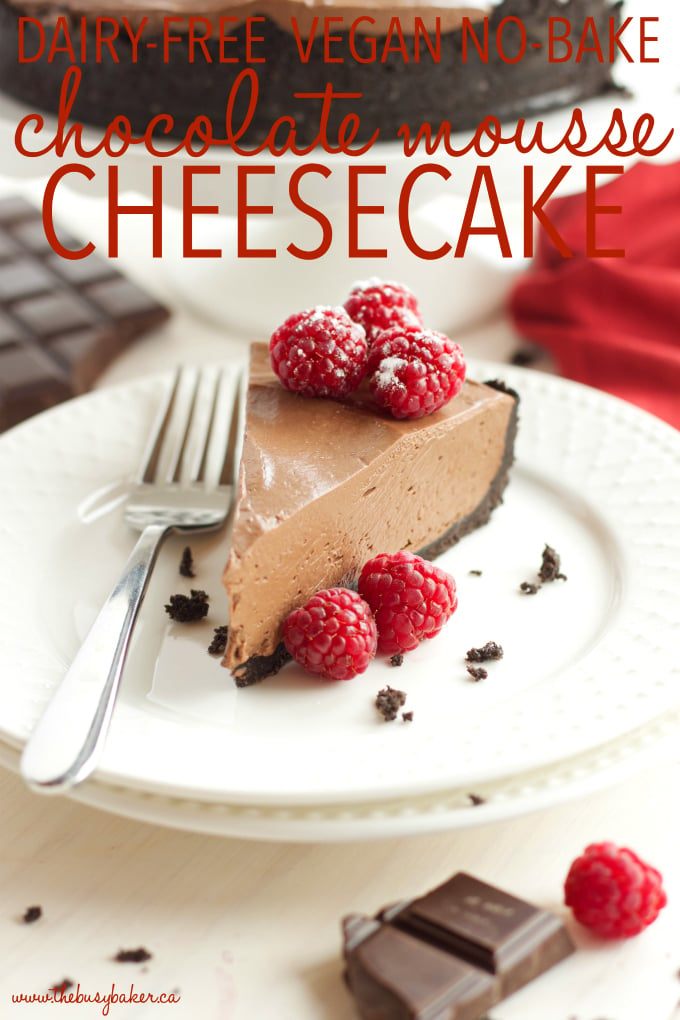 This No Bake Chocolate Mousse Cheesecake is the ultimate vegan and dairy-free chocolate dessert that's so smooth and creamy, made with a secret ingredient! Recipe from thebusybaker.ca #vegancheesecake #veganchocolatedessert #dairyfreedessert #dairyfreecheesecake #besteverchocolatecheesecake