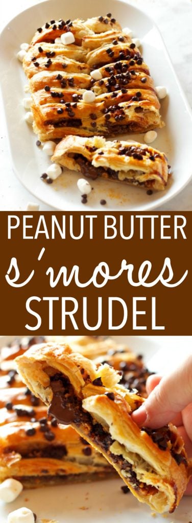 This Easy Peanut Butter S'Mores Strudel is an easy recipe that makes the perfect breakfast or treat - made with only a few simple pantry ingredients! Recipe from thebusybaker.ca! #smores #homemadestrudel #smoresdessert #easybreakfast