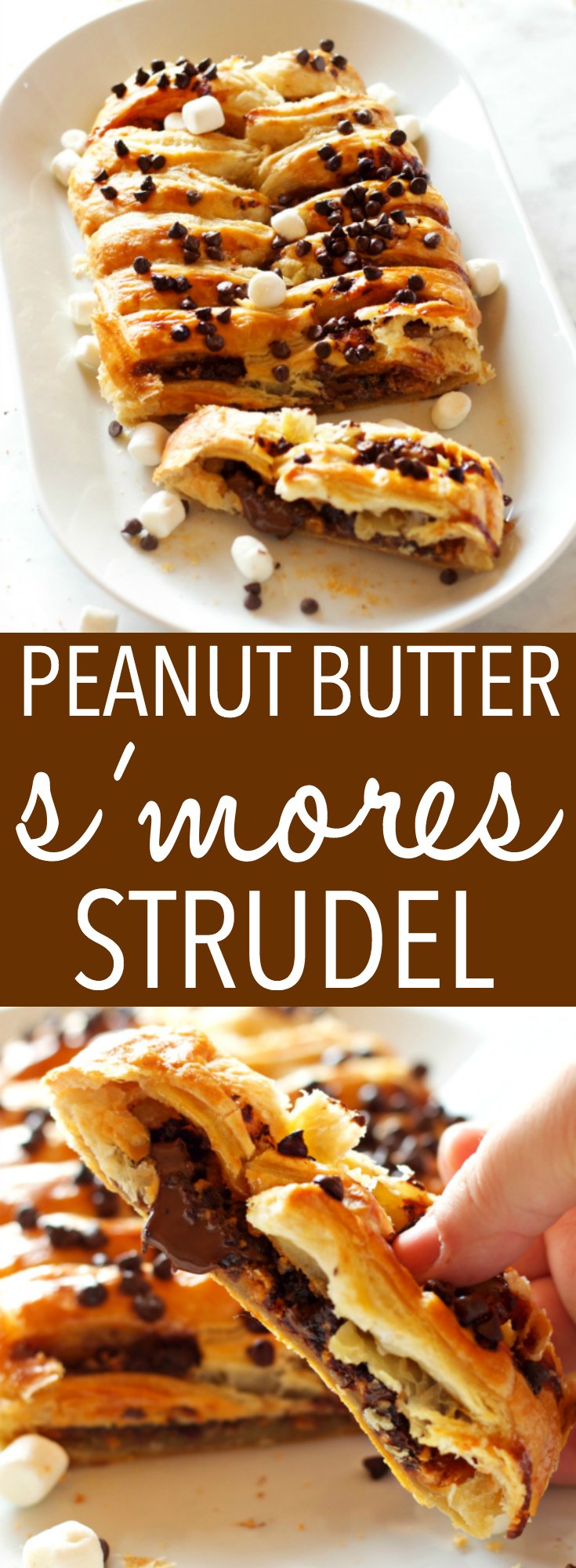 This Easy Peanut Butter S'mores Strudel is an easy recipe that makes the perfect breakfast or treat - made with only a few simple pantry ingredients! Recipe from thebusybaker.ca! #smores #homemadestrudel #smoresdessert #easybreakfast via @busybakerblog