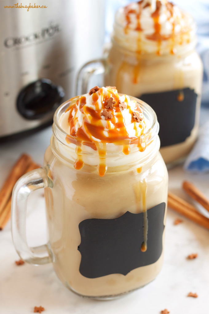 This Slow Cooker Gingerbread Latte is the perfect easy to make hot drink for the holidays, and it tastes even better than Starbucks Gingerbread Latte! Recipe from thebusybaker.ca #starbucksgingerbreadlatte #starbuckscopycat #starbucksrecipe #gingerbreadlatte