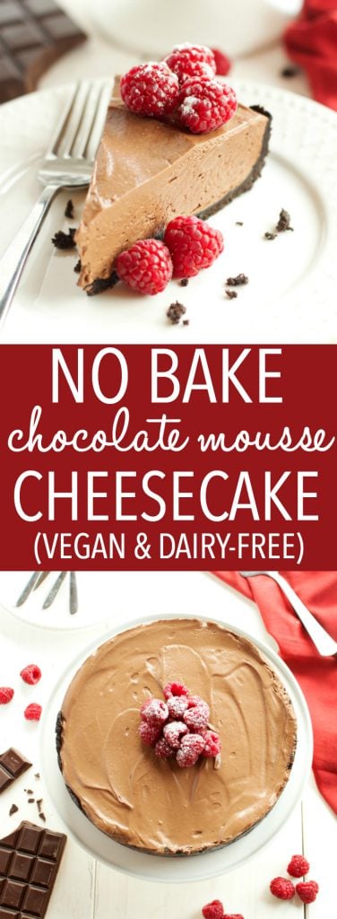 This No Bake Chocolate Mousse Cheesecake is the ultimate vegan and dairy-free chocolate dessert that's so smooth and creamy, made with a secret ingredient! Recipe from thebusybaker.ca #vegancheesecake #veganchocolatedessert #dairyfreedessert #dairyfreecheesecake #besteverchocolatecheesecake