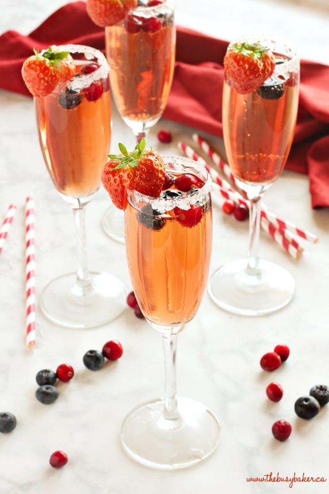 This Sparkling Winter Berry Holiday Cocktail is the perfect drink recipe for holiday parties! It's bursting with winter flavours, and it's so easy to make! Recipe from thebusybaker.ca #holidaycocktail #holidaymocktail #holidaypunch #christmasdrink