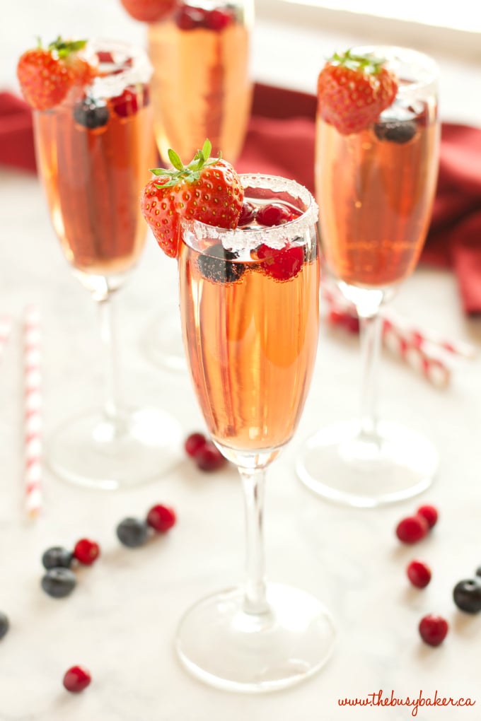 This Sparkling Winter Berry Holiday Cocktail is the perfect drink recipe for holiday parties! It's bursting with winter flavours, and it's so easy to make! Recipe from thebusybaker.ca #holidaycocktail #holidaymocktail #holidaypunch #christmasdrink