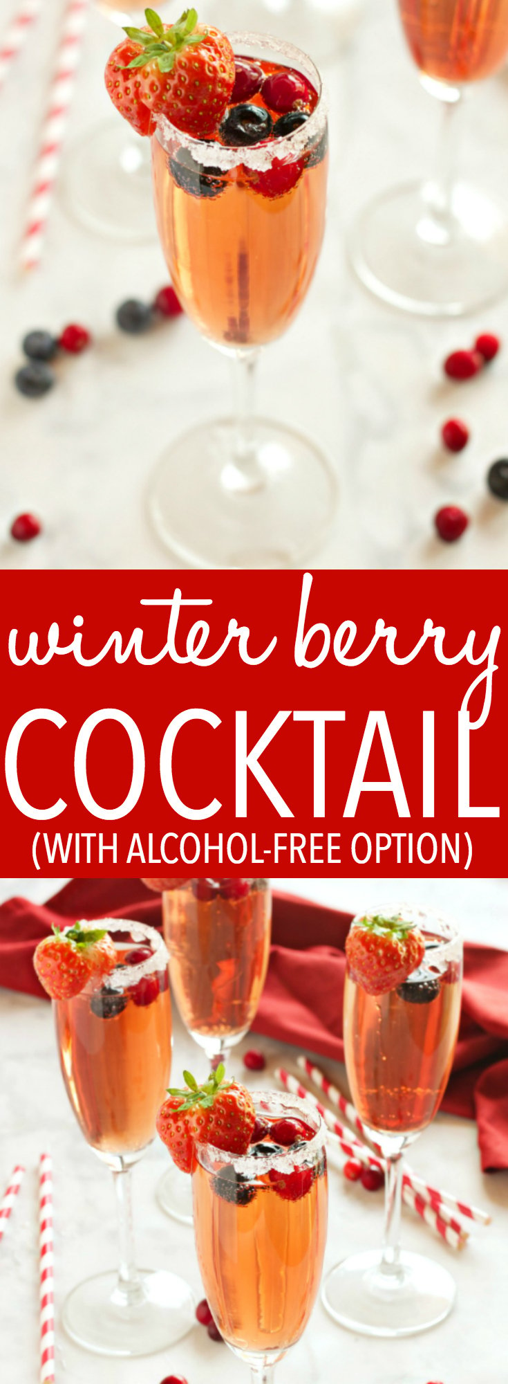 This Sparkling Winter Berry Holiday Cocktail is the perfect drink recipe for holiday parties! It's bursting with winter flavours, and it's so easy to make! Recipe from thebusybaker.ca #holidaycocktail #holidaymocktail #holidaypunch #christmasdrink via @busybakerblog