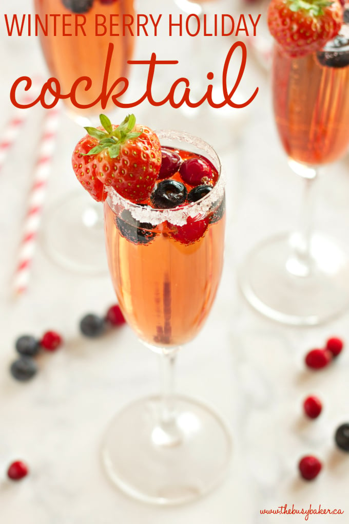 This Sparkling Winter Berry Holiday Cocktail is the perfect drink recipe for holiday parties! It's bursting with winter flavours, and it's so easy to make! Recipe from thebusybaker.ca #holidaycocktail #holidaymocktail #holidaypunch #christmasdrink