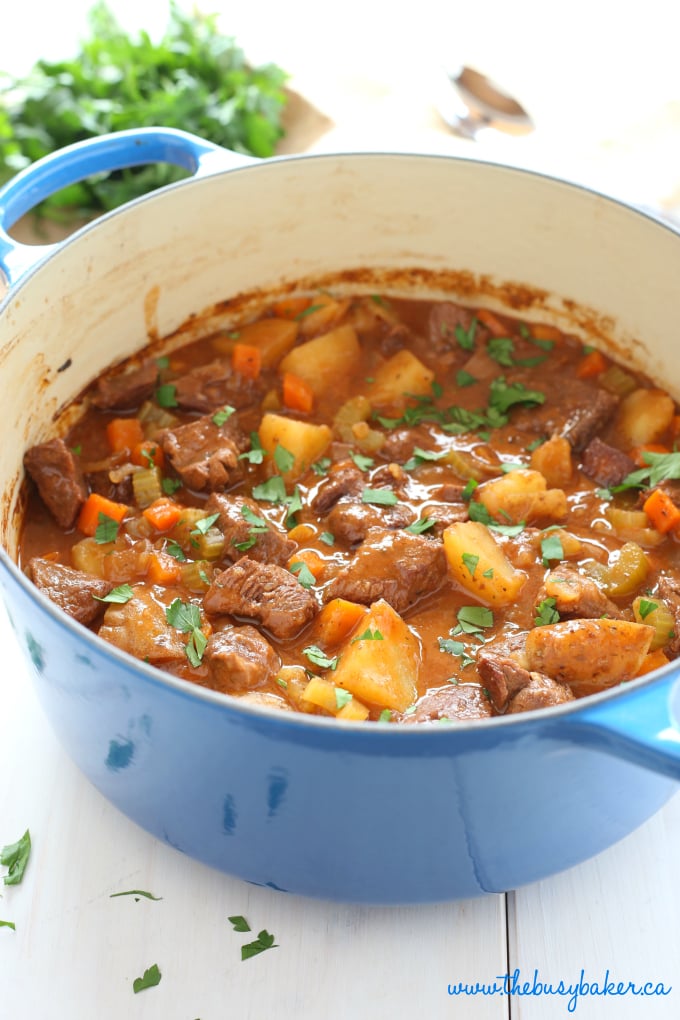 blue cast iron pot with beef stew 