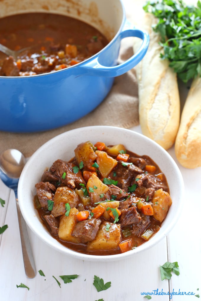 This Best Ever One Pot Beef Stew is an easy, classic beef stew recipe that cooks to perfection on the stove top and in the oven. It's the best comfort food! Recipe from thebusybaker.ca #comfortfood #bestbeefstewrecipe #besteverbeefstew #easybeefstew #winterstew #soup