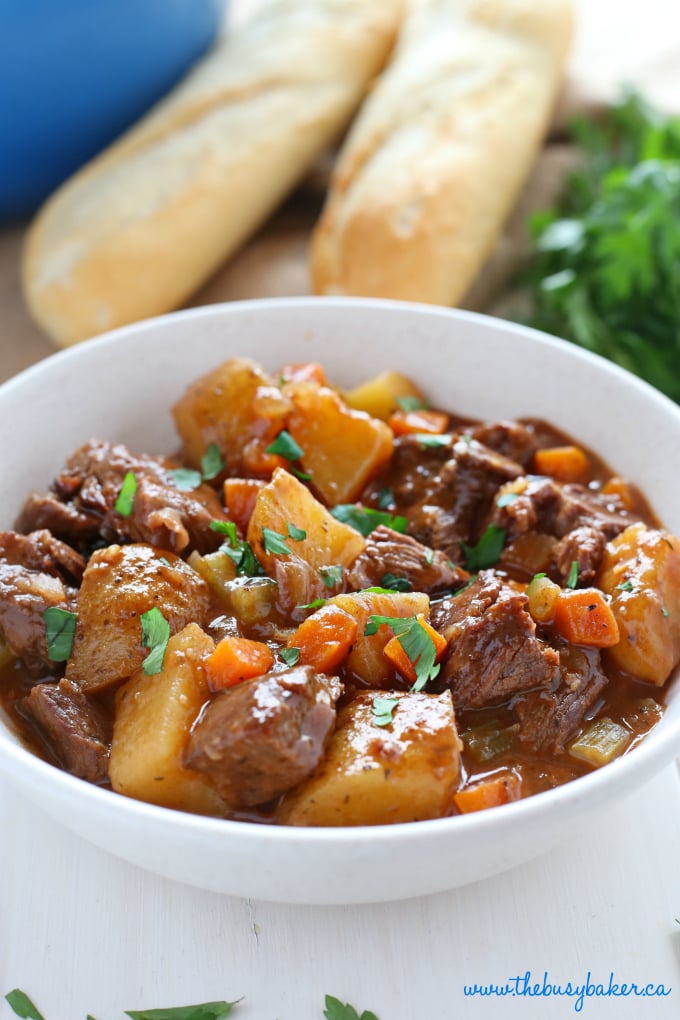 This Best Ever One Pot Beef Stew is an easy, classic beef stew recipe that cooks to perfection on the stove top and in the oven. It's the best comfort food! Recipe from thebusybaker.ca #comfortfood #bestbeefstewrecipe #besteverbeefstew #easybeefstew #winterstew #soup