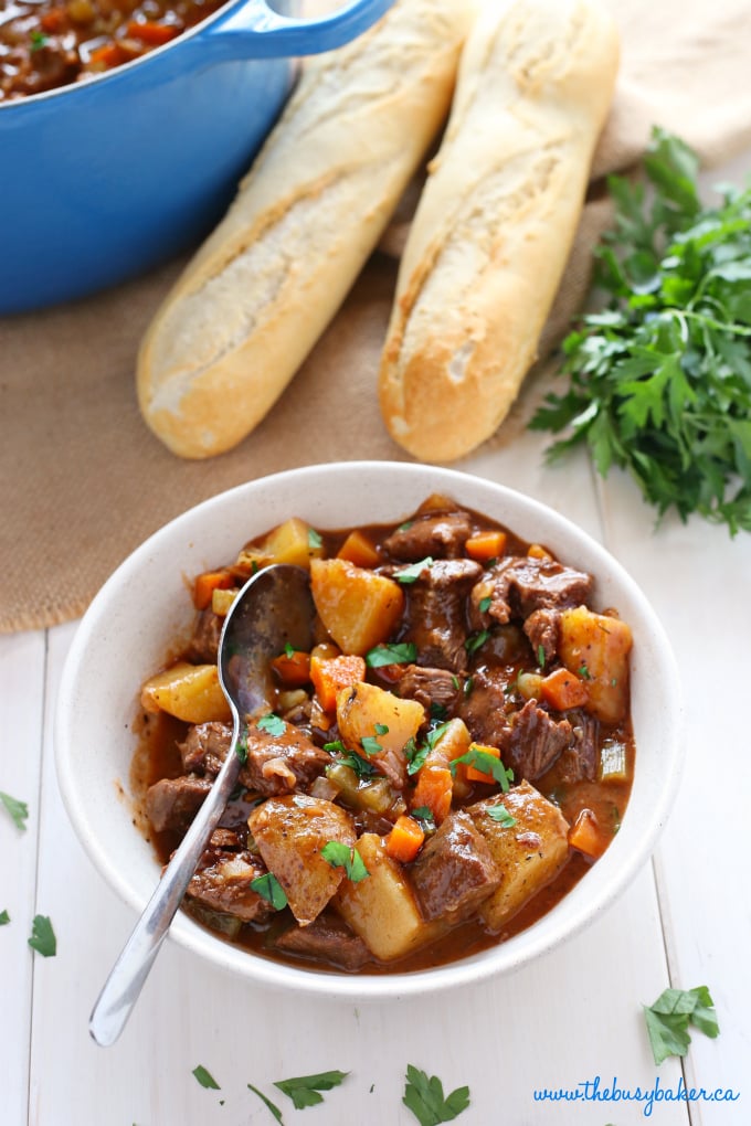 This Best Ever One Pot Beef Stew is an easy, classic beef stew recipe that cooks to perfection on the stove top and in the oven. It's the best comfort food! Recipe from thebusybaker.ca #comfortfood #bestbeefstewrecipe #besteverbeefstew #easybeefstew #winterstew #soup