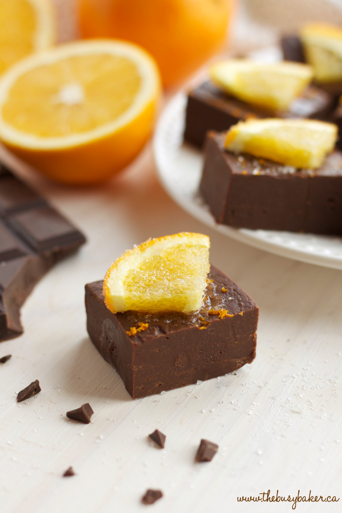 This Easy 3-Ingredient Chocolate Orange Fudge is the perfect Christmas treat for the holidays that's easy to make in just minutes! Recipe from thebusybaker.ca! #chocolatefudge #homemadefudge #easyfudgerecipe #christmasfudgerecipe #chocolateorange
