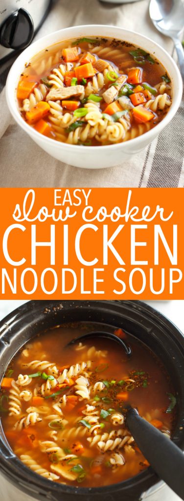 This Best Ever Slow Cooker Chicken Noodle Soup is healthy, wholesome, packed with veggies and lean chicken, and it's so easy to make in the Crock Pot or slow cooker!! It's the perfect soup for sick days and snow days! Recipe from thebusybaker.ca! #chickensoup #healthysoup #slowcookersoup #crockpotsoup #chickennoodlesoup