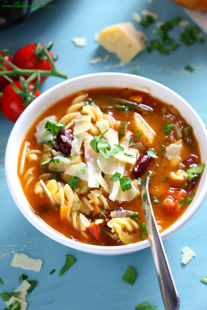 This Best Ever Slow Cooker Minestrone Soup is thick, comforting, and packed full of vegetables! It's so flavourful and easy to make, and it's the perfect way to warm up on a cold day! Recipe from thebusybaker.ca! #minestronesoup #slowcookersoup #slowcookerminestrone #besteverminestrone