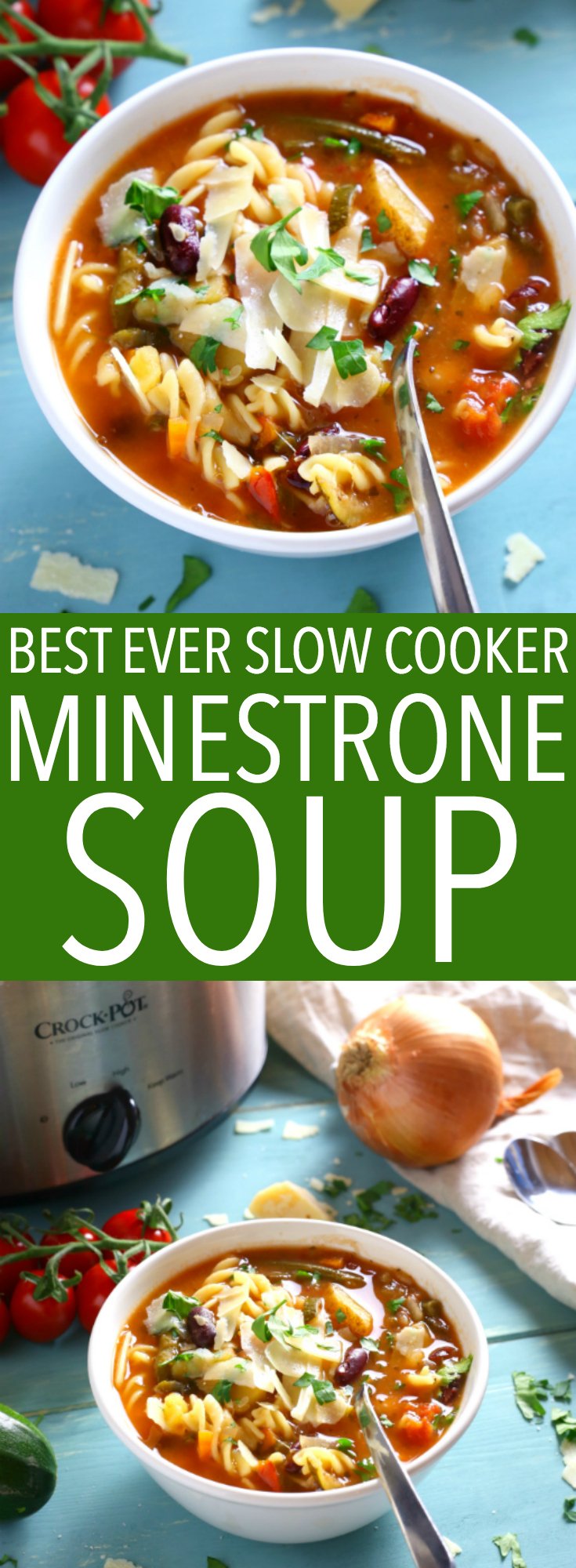 This Best Ever Slow Cooker Minestrone Soup is thick, comforting, and packed full of vegetables! It's so flavourful and easy to make, and it's the perfect way to warm up on a cold day! Recipe from thebusybaker.ca! #minestronesoup #slowcookersoup #slowcookerminestrone #besteverminestrone via @busybakerblog