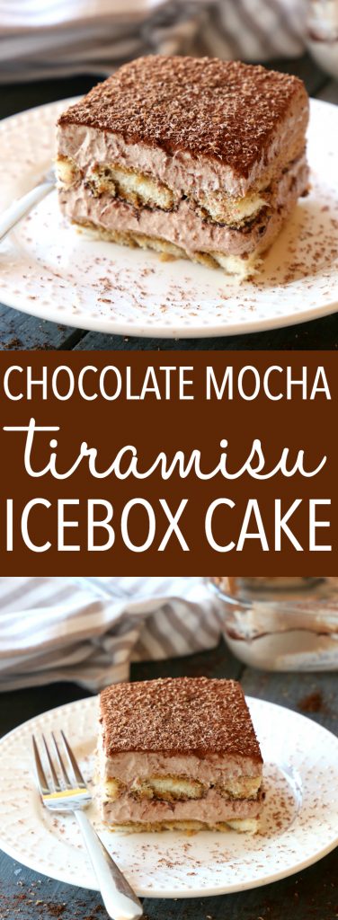 This Chocolate Mocha Tiramisu Icebox Cake is the perfect easy no bake dessert for coffee and chocolate lovers! Made with simple, basic ingredients and bursting with deep chocolate and coffee flavours, this is a no bake dessert that's a definite crowd pleaser! Recipe from thebusybaker.ca! #easytiramisurecipe #chocolatetiramisu #nobaketiramisu #nobakecoffeedessert