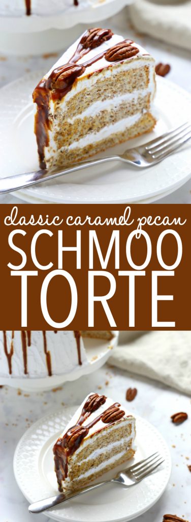 This Classic Caramel Pecan Schmoo Torte is a delicious and classically Canadian layer cake with a pecan-flavoured Angel Food Cake base, fluffy whipped cream frosting, and homemade caramel sauce! It's sweet and decadent and makes the perfect impressive dessert! Recipe from thebusybaker.ca! #schmootorte #canadiancake #caramelpecancake