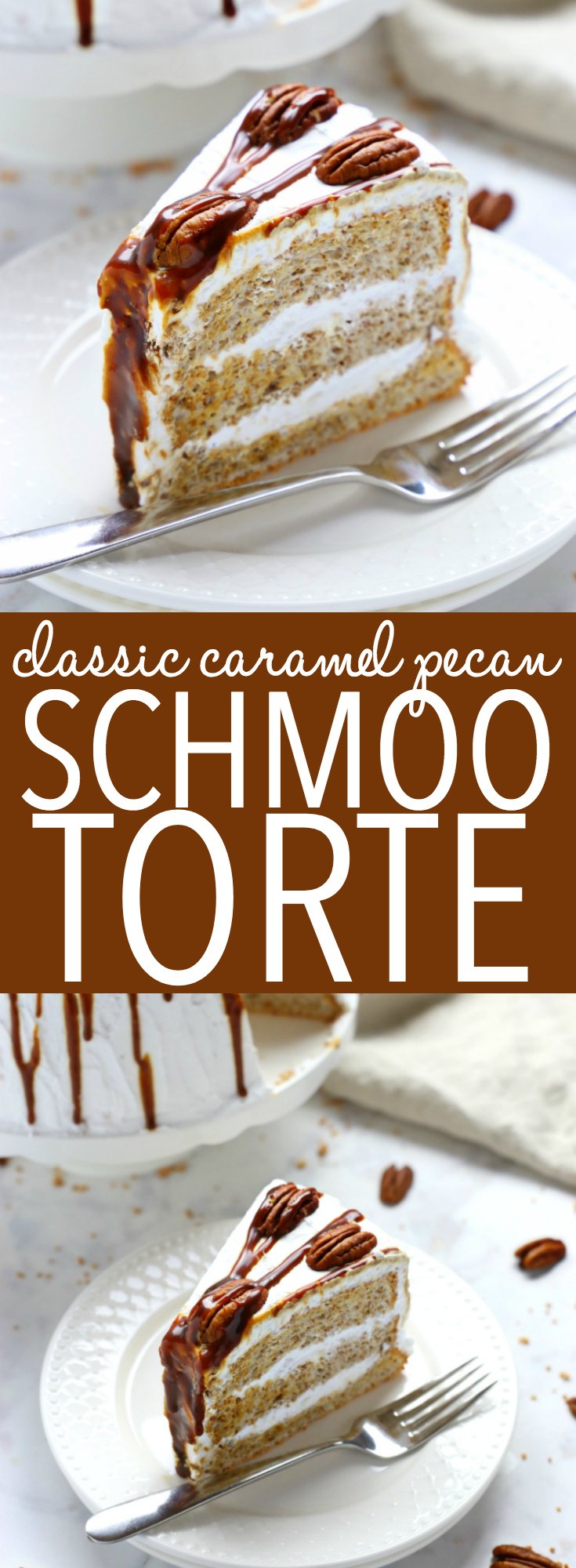 This Classic Caramel Pecan Schmoo Torte is a delicious and classically Canadian layer cake with a pecan-flavoured Angel Food Cake base, fluffy whipped cream frosting, and homemade caramel sauce! It's sweet and decadent and makes the perfect impressive dessert! Recipe from thebusybaker.ca! #schmootorte #canadiancake #caramelpecancake via @busybakerblog
