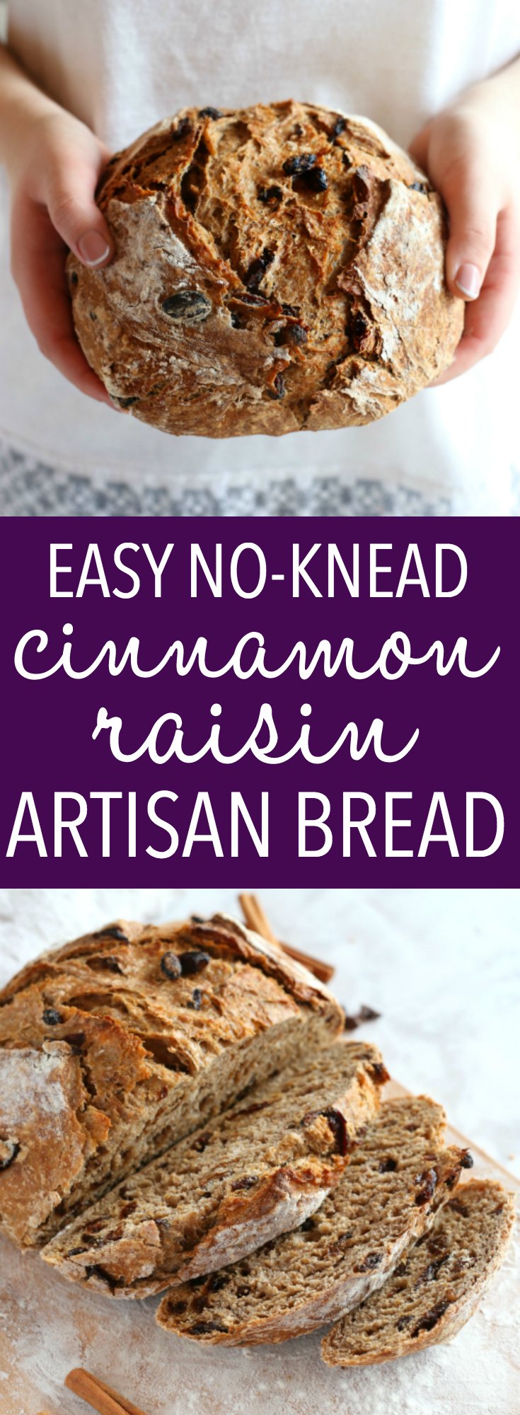 This Easy No Knead Cinnamon Raisin Artisan Bread is crusty on the outside, tender and fluffy on the inside and packed with sweet cinnamon flavour and juicy raisins. And it's SO easy to make this bakery-style loaf at home in your own kitchen! Recipe from thebusybaker.ca! #bakerybread #nokneadbread #artisanbread #bestcinnamonraisinbread via @busybakerblog