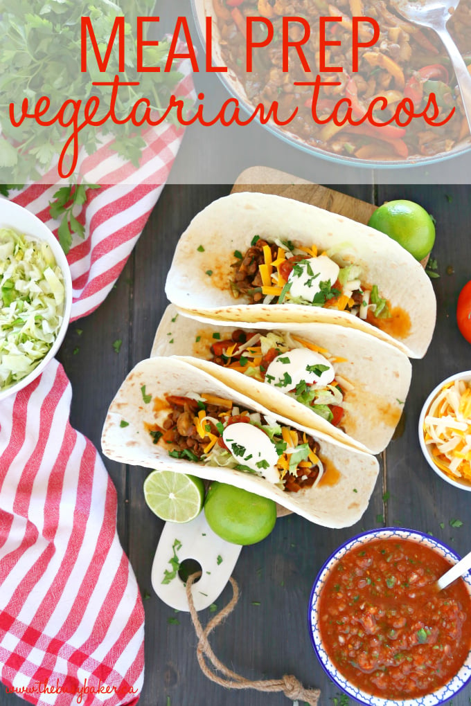 These Meal Prep Vegetarian Tacos are the perfect healthy meal prep solution for busy weeks! Make this delicious, family friendly veggie packed lentil taco filling and serve it in soft tacos, over salad, in lettuce wraps, and even for breakfast! Recipe from thebusybaker.ca! #LoveLentils #getPrepped #vegetariantacos #easyvegetarianrecipe