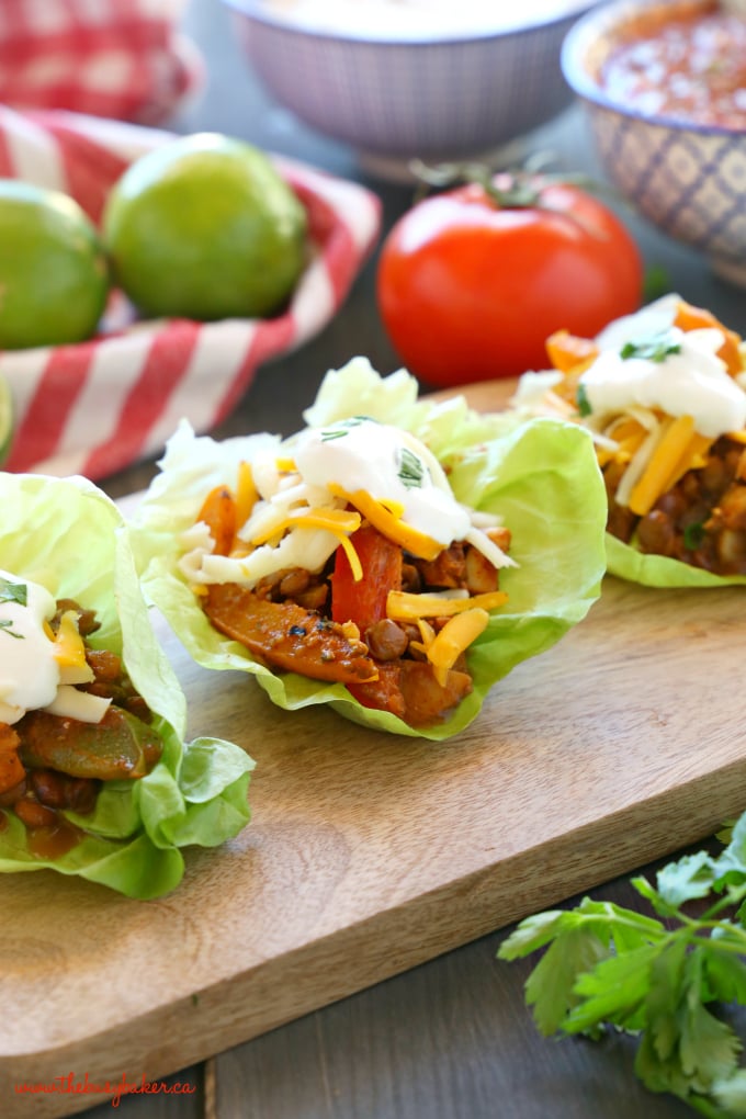 These Meal Prep Vegetarian Tacos are the perfect healthy meal prep solution for busy weeks! Make this delicious, family friendly veggie packed lentil taco filling and serve it in soft tacos, over salad, in lettuce wraps, and even for breakfast! Recipe from thebusybaker.ca! #LoveLentils #getPrepped #vegetariantacos #easyvegetarianrecipe