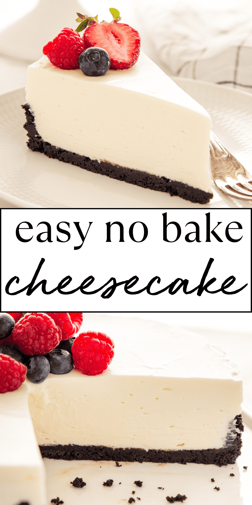 This No Bake Cheesecake recipe is the ultimate no bake dessert. It's unbelievably rich and creamy, the filling is made with only 3 ingredients, and it's SO easy to make - no baking required! Serve it with fresh berries for an easy summer treat or add whatever toppings you like and enjoy it any time of the year! Recipe from thebusybaker.ca! #summerdessert #bestevernobakecheesecake #nobake #cheesecake #nobakerecipe #nobakecheesecake #cheesecakerecipe #nobakecheesecakerecipe via @busybakerblog