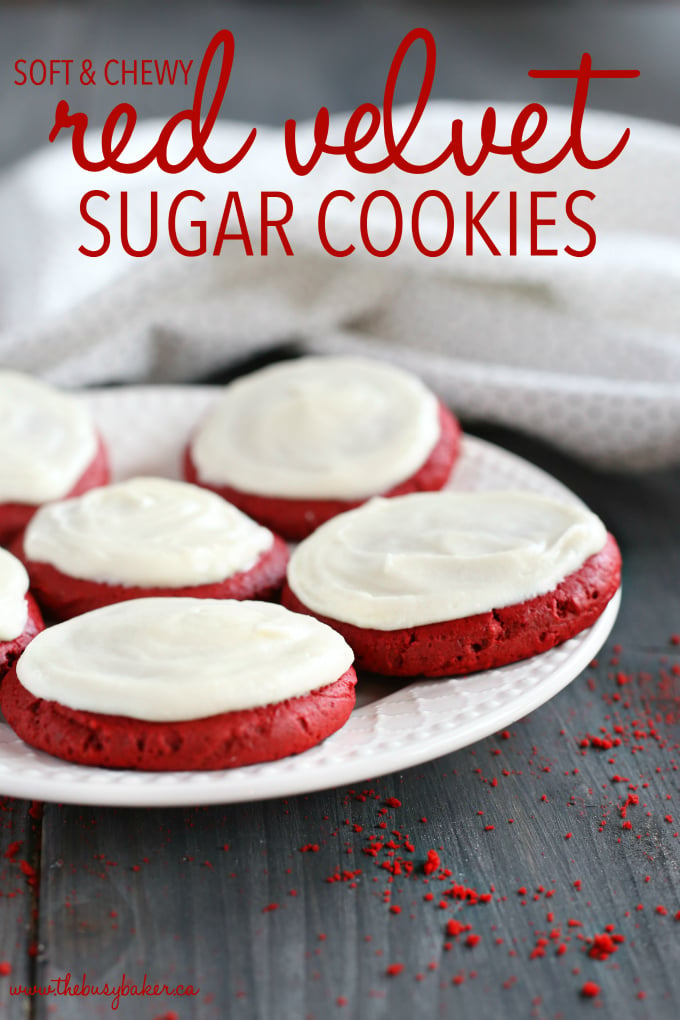 These Soft and Chewy Red Velvet Sugar Cookies are the perfect easy cookie recipe for Valentine's Day, Christmas, or any festive time of year. They're bright and colourful, gorgeous, delicious, and simple to make with only a few ingredients! Recipe from thebusybaker.ca! #cakemixcookies #redvelvetcookies #easyredvelvetrecipe #redvelvet
